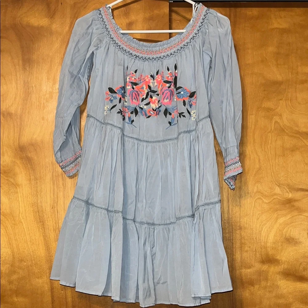 Free People Blue Floral Embroidered Dress